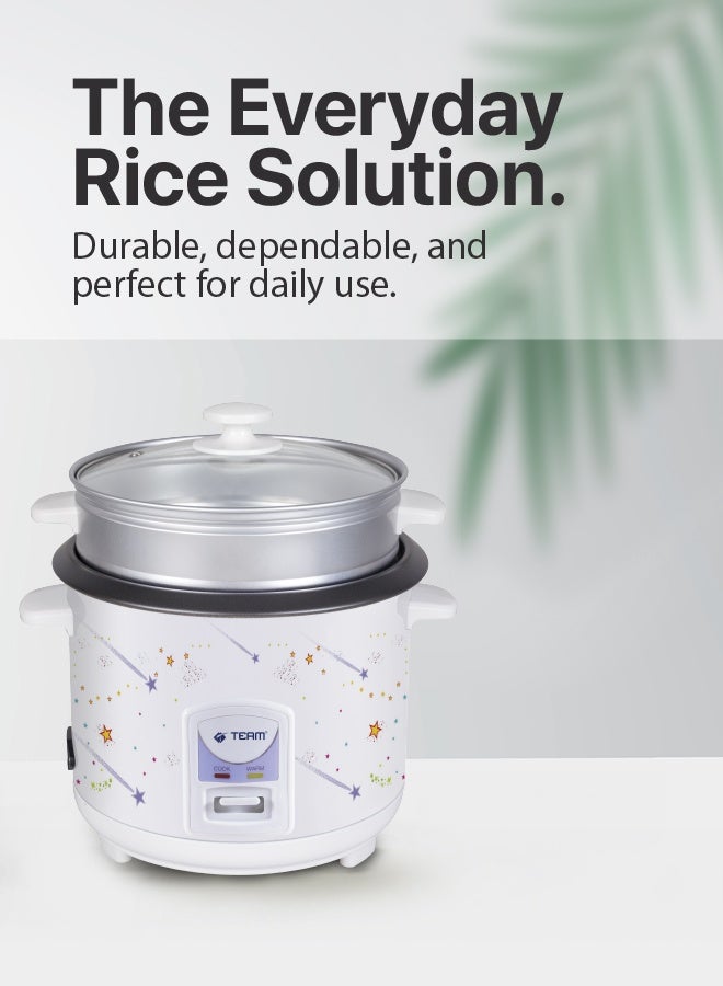 تيم TEAM Electric Rice Cooker with Steamer – 1.8L Non-Stick Pot | 700W | Automatic Cooking & Keep Warm | Multi-Functional Food Steamer |  White Design with Glass Lid - Image 3